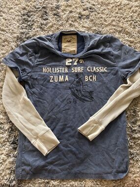 Hollister Men’s Blue Surf Graphic Layered Long Sleeve Shirt with White Sleeves